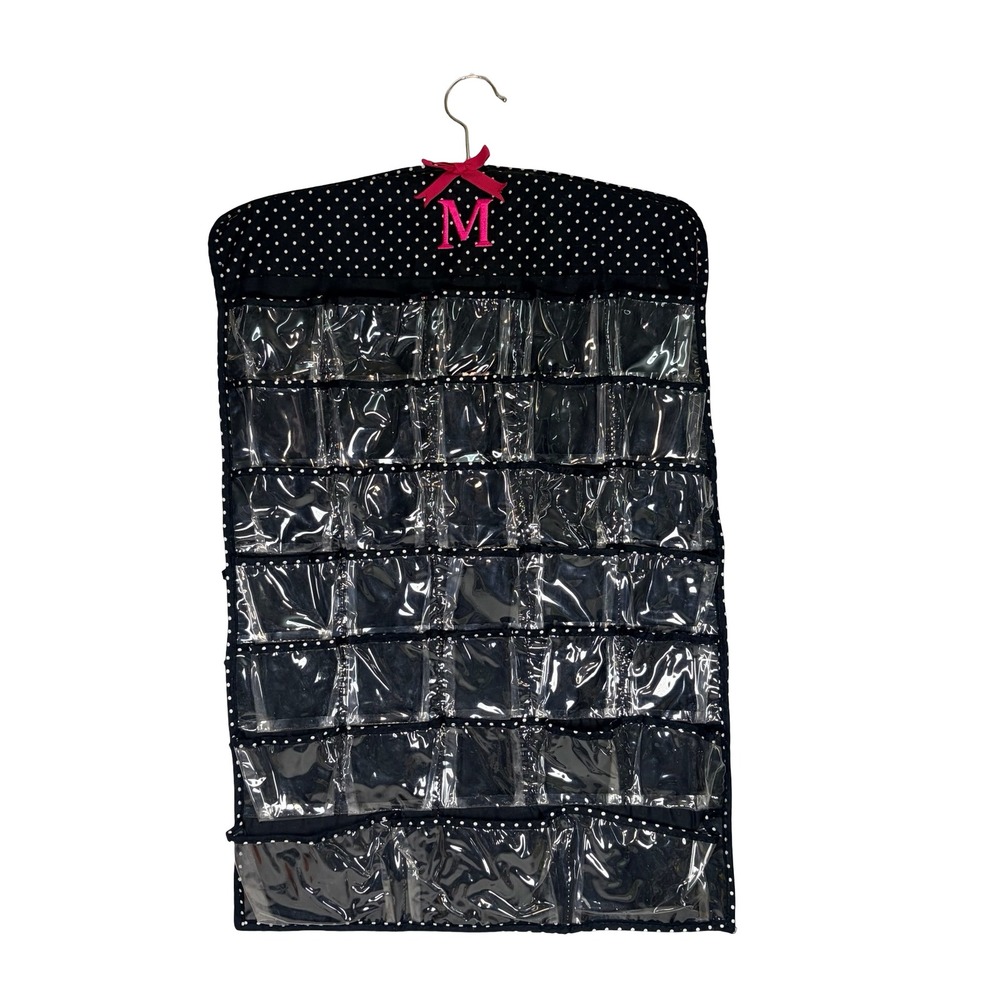 Monogram M‎ Hanging Jewelry Organizer Pink Black Polka Dot 66 Pockets DBL Sided